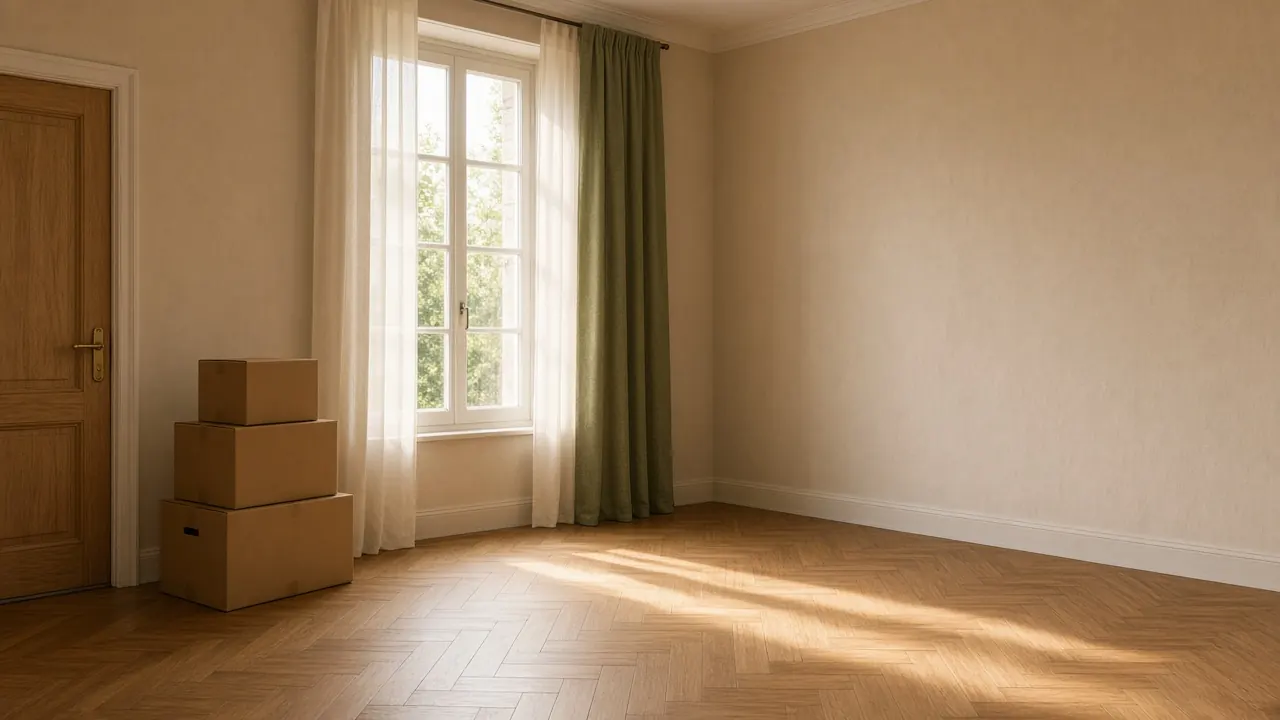 Séjour lumineux vidé, cartons prêts à partir