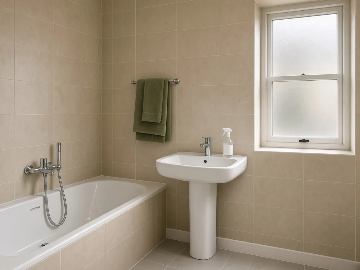 Salle de bain beige nettoyée, serviette olive