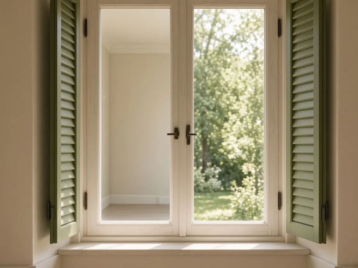 Fenêtre aux volets verts, vitre nette